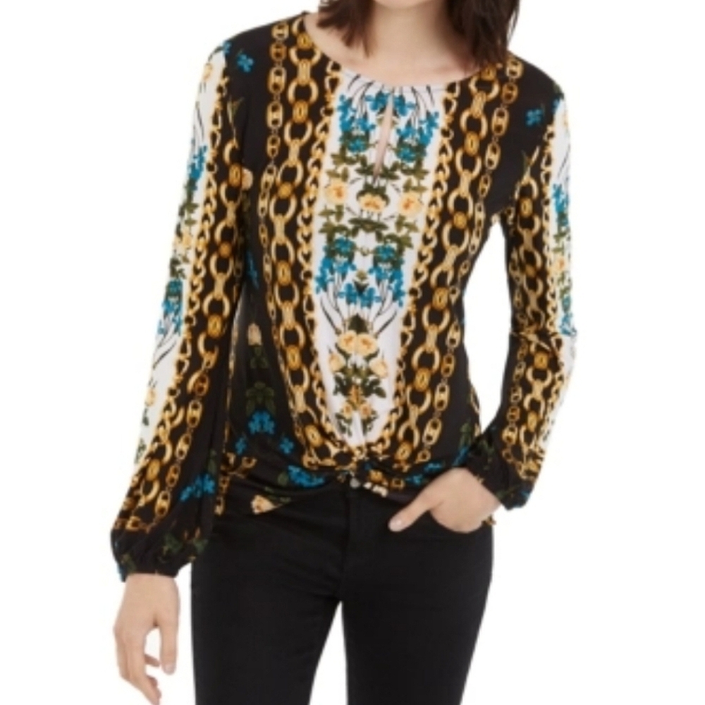INC International Concepts Scarf Print Keyhole Blouse, M NWT
